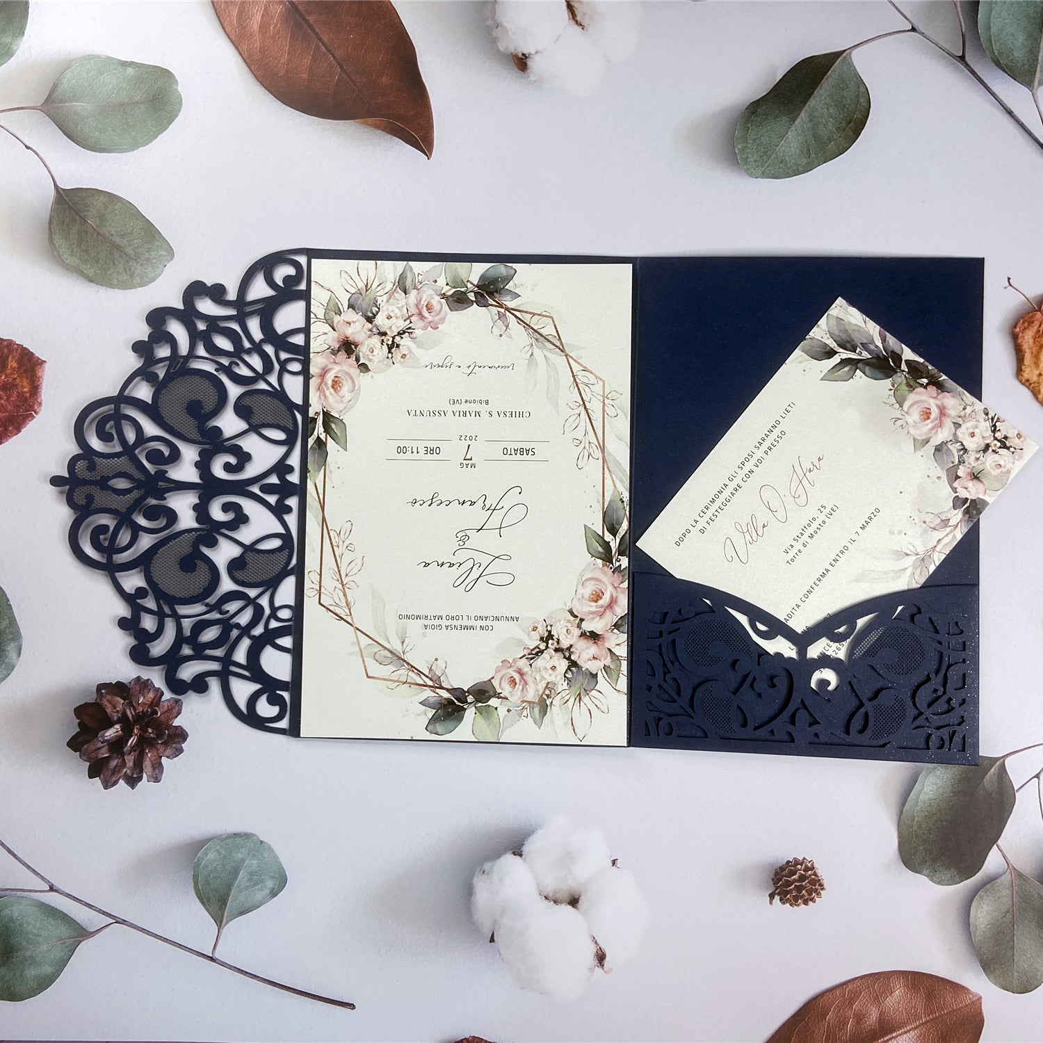 Timeless Navy Blue Laser cut Tri-fold Wedding Invitations with Pink Flowers LCZ231