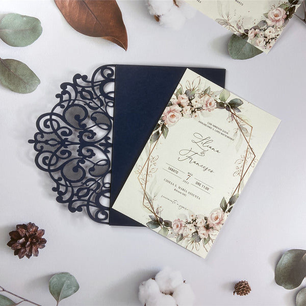 Timeless Navy Blue Laser cut Tri-fold Wedding Invitations with Pink Flowers LCZ231