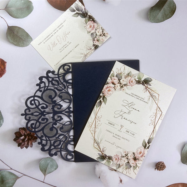 Timeless Navy Blue Laser cut Tri-fold Wedding Invitations with Pink Flowers LCZ231