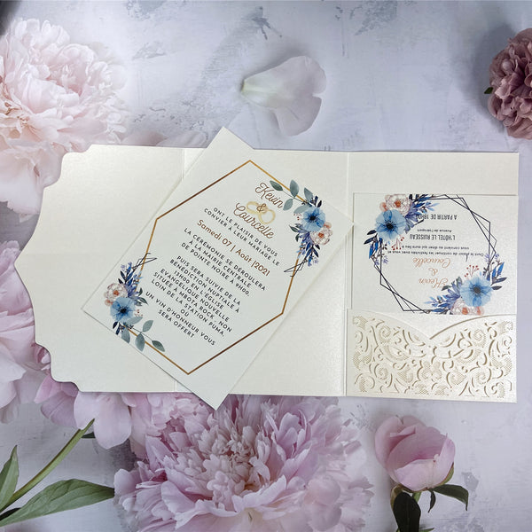 Timeless Pearl White Laser Cut Pocket Wedding Invitation with Blue and White Flowers LCZ241