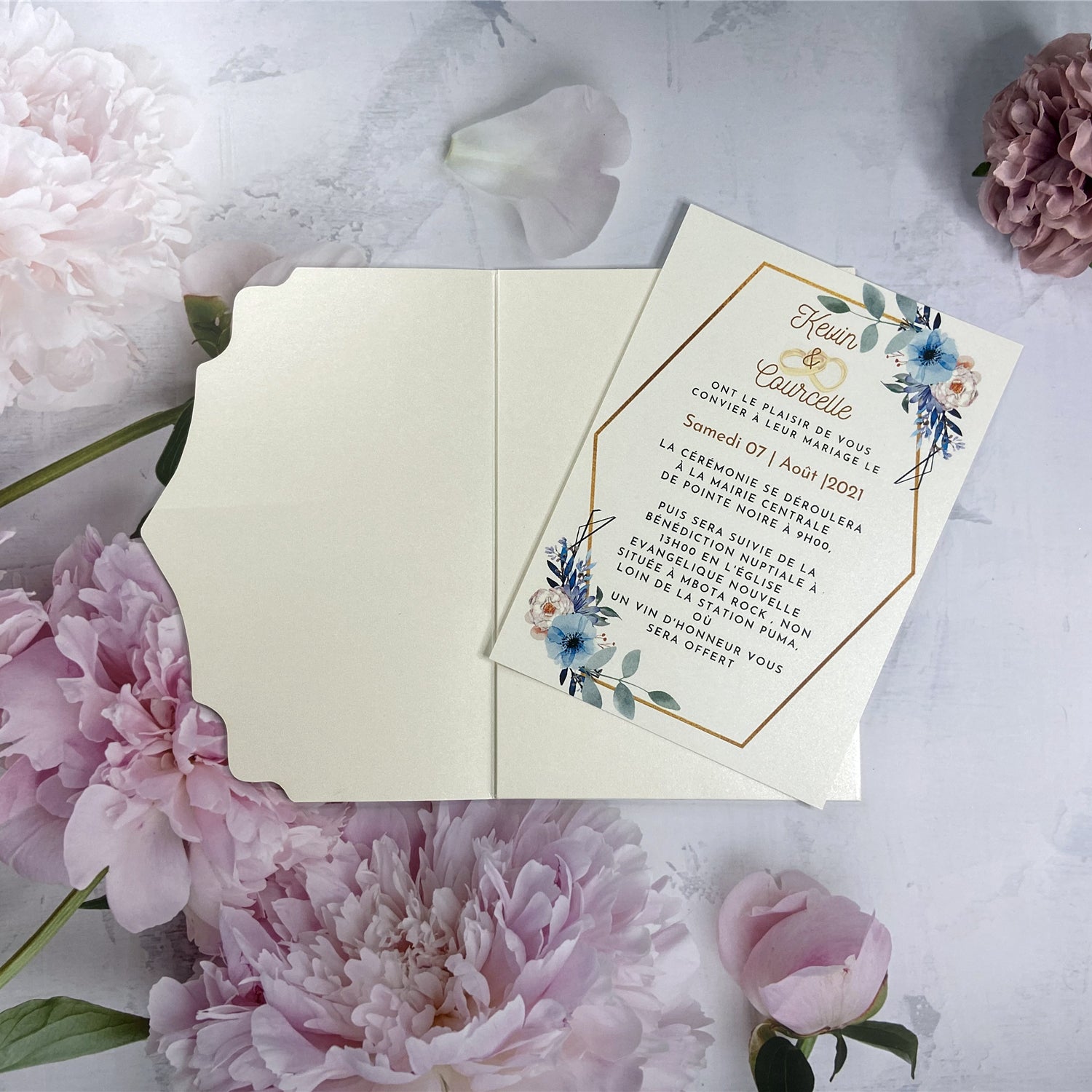 Timeless Pearl White Laser Cut Pocket Wedding Invitation with Blue and White Flowers LCZ241