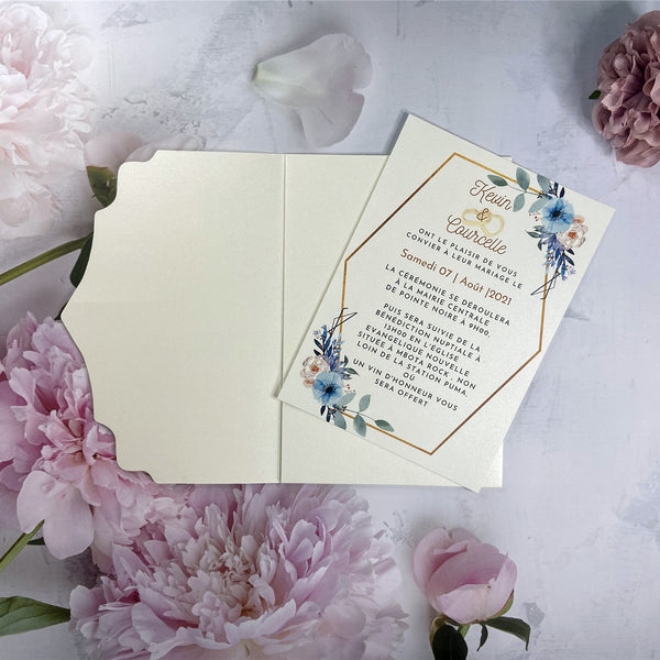 Timeless Pearl White Laser Cut Pocket Wedding Invitation with Blue and White Flowers LCZ241