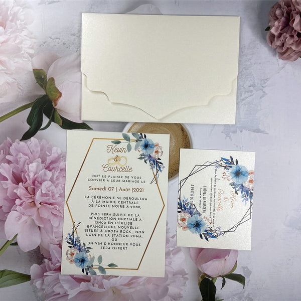 Timeless Pearl White Laser Cut Pocket Wedding Invitation with Blue and White Flowers LCZ241