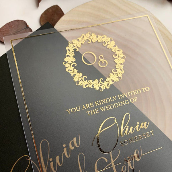 Transparent Acrylic Invitation with Black Envelope and Gold Foil A004