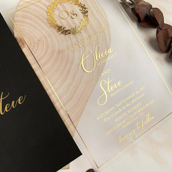 Transparent Acrylic Invitation with Black Envelope and Gold Foil A004