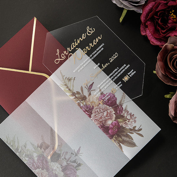 Unique Acrylic Wedding Invitation with Vellum Pocket A042