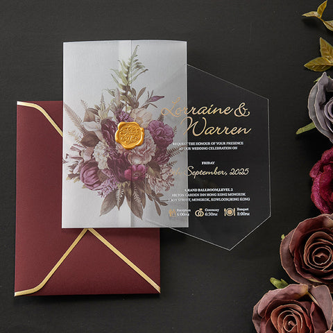 Unique Acrylic Wedding Invitation with Vellum Pocket A042