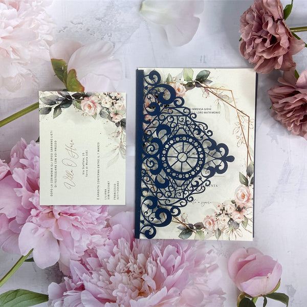 Unique Navy Blue Laser Cut Pocket Fold Wedding Invitations with Wheel and Greenery Design LCZ236