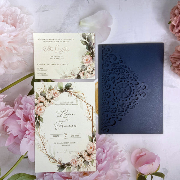 Unique Navy Blue Laser Cut Pocket Fold Wedding Invitations with Wheel and Greenery Design LCZ236