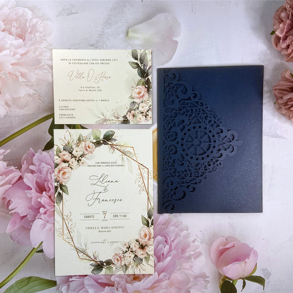 Unique Navy Blue Laser Cut Pocket Fold Wedding Invitations with Wheel and Greenery Design LCZ236