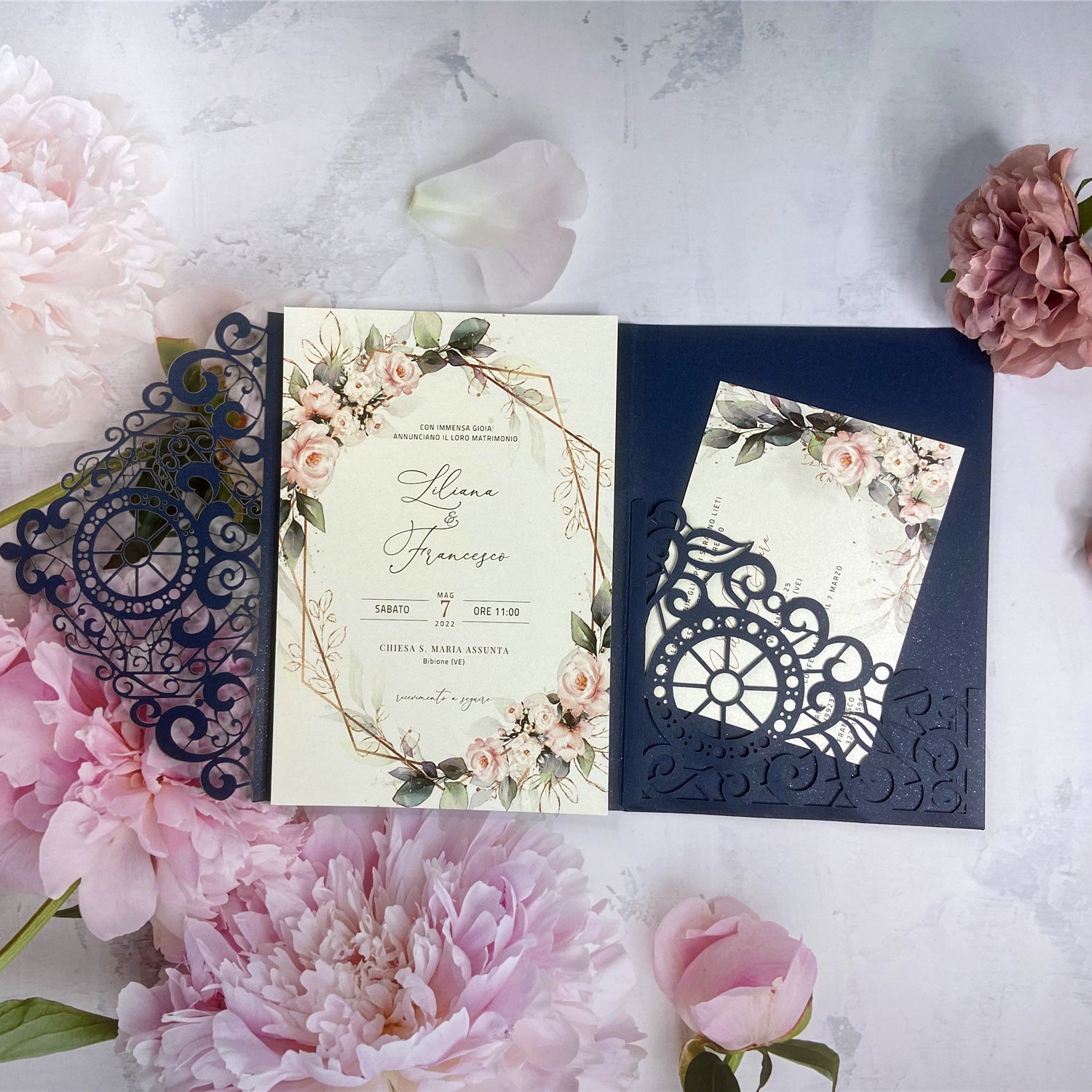 Unique Navy Blue Laser Cut Pocket Fold Wedding Invitations with Wheel and Greenery Design LCZ236