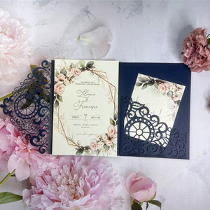 Unique Navy Blue Laser Cut Pocket Fold Wedding Invitations with Wheel and Greenery Design LCZ236