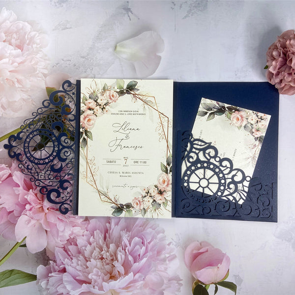 Unique Navy Blue Laser Cut Pocket Fold Wedding Invitations with Wheel and Greenery Design LCZ236