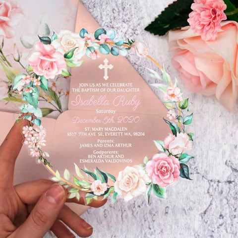 Unique Round Clear Floral Acrylic Wedding Invitations A030