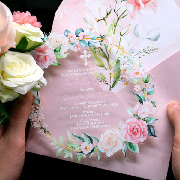 Unique Round Clear Floral Acrylic Wedding Invitations A030