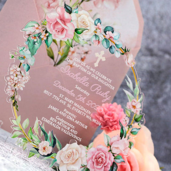 Unique Round Clear Floral Acrylic Wedding Invitations A030