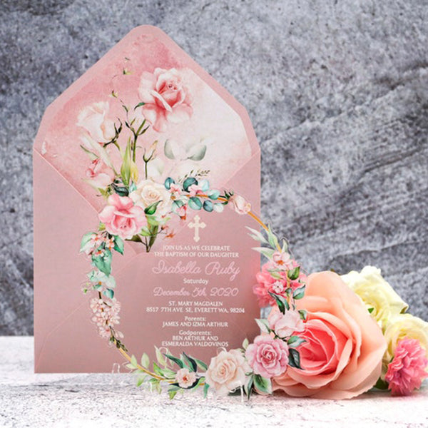 Unique Round Clear Floral Acrylic Wedding Invitations A030