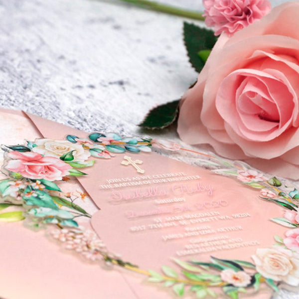 Unique Round Clear Floral Acrylic Wedding Invitations A030