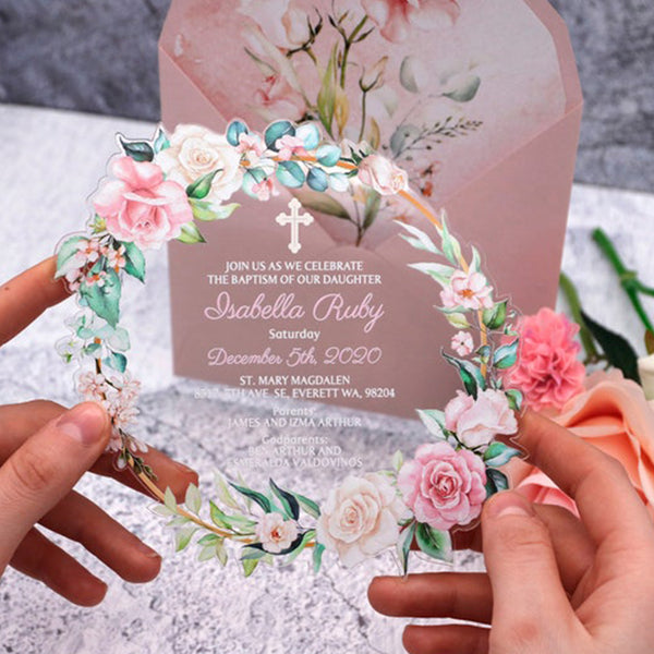 Unique Round Clear Floral Acrylic Wedding Invitations A030