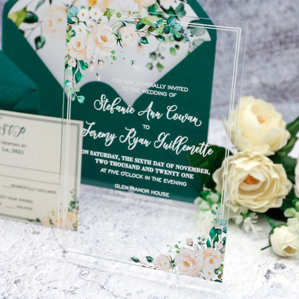 Vintage Clear Wedding Invitations with Ivory White Roses and green leaves A005