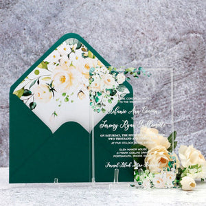 Vintage Clear Wedding Invitations with Ivory White Roses and green leaves A005