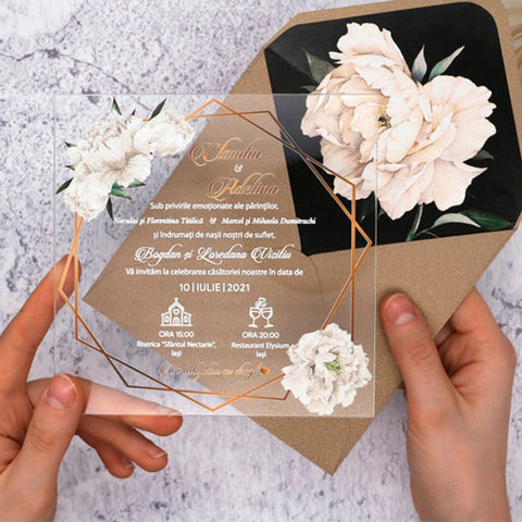 Vintage White Peony Transparent Plexiglass Wedding Invitations A031