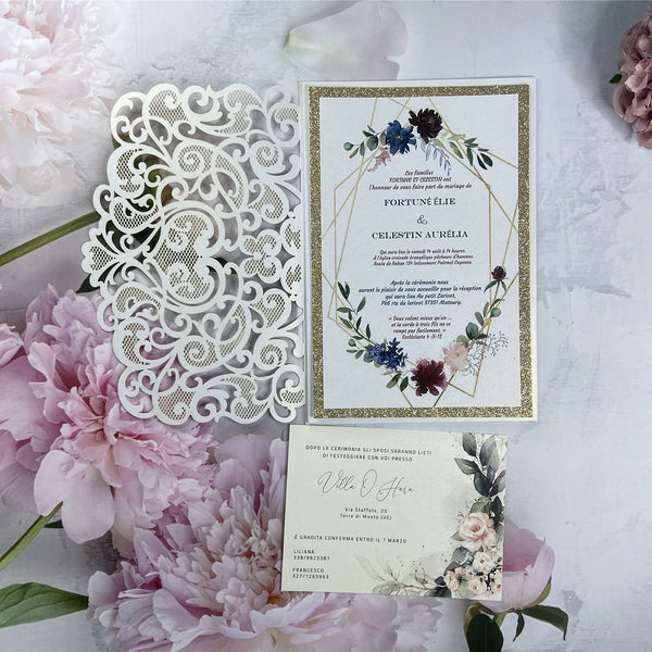 White Laser Cut Pocket Wedding Invitation with Burgundy Flower and Champagne Gold Glittery Liner LCZ240