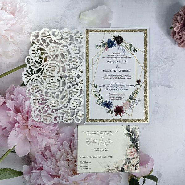 White Laser Cut Pocket Wedding Invitation with Burgundy Flower and Champagne Gold Glittery Liner LCZ240