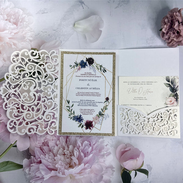 White Laser Cut Pocket Wedding Invitation with Burgundy Flower and Champagne Gold Glittery Liner LCZ240