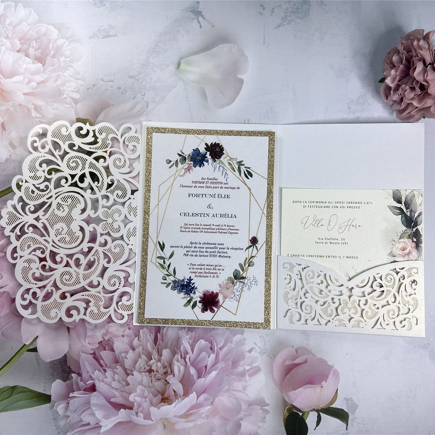 White Laser Cut Pocket Wedding Invitation with Burgundy Flower and Champagne Gold Glittery Liner LCZ240