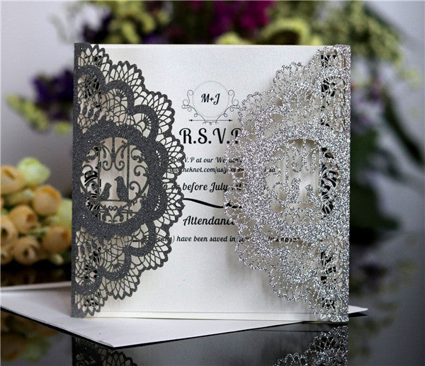 Affordable Glitter laser cut wedding invitations LC063_2