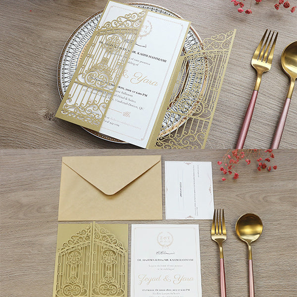 Affordable Gold Tri-folded Laser Cut Wedding Invitations lcz023 (5)