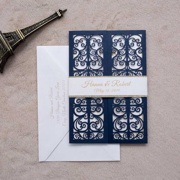 Affordable Navy Shimmer Wedding Invitations with Silver Backer and Belly Band Lcz089 (1)