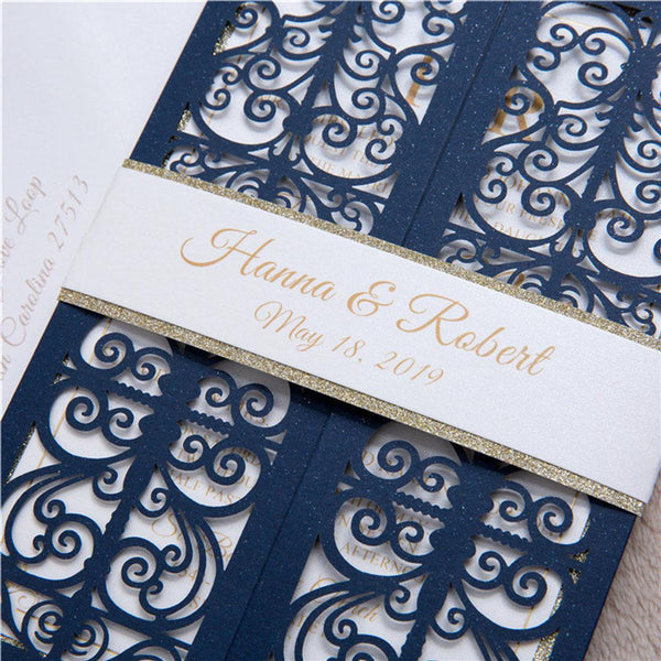 Affordable Navy Shimmer Wedding Invitations with Silver Backer and Belly Band Lcz089 (3)