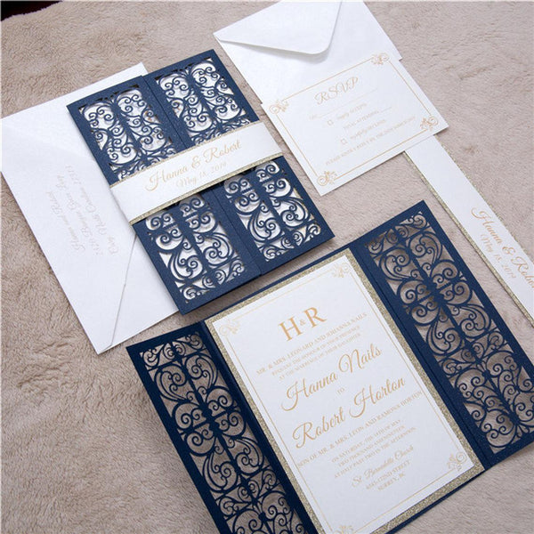 Affordable Navy Shimmer Wedding Invitations with Silver Backer and Belly Band Lcz089 (4)
