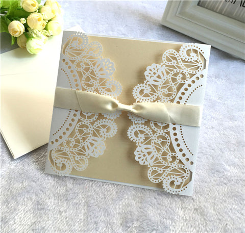 Affordable ivory folded laser cut wedding invitations LC060_1