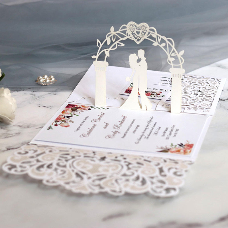 Awesome Ivory Pop up Laser Cut Wedding Invitations with Wedding Arch and Pocket Lcz046 (1)