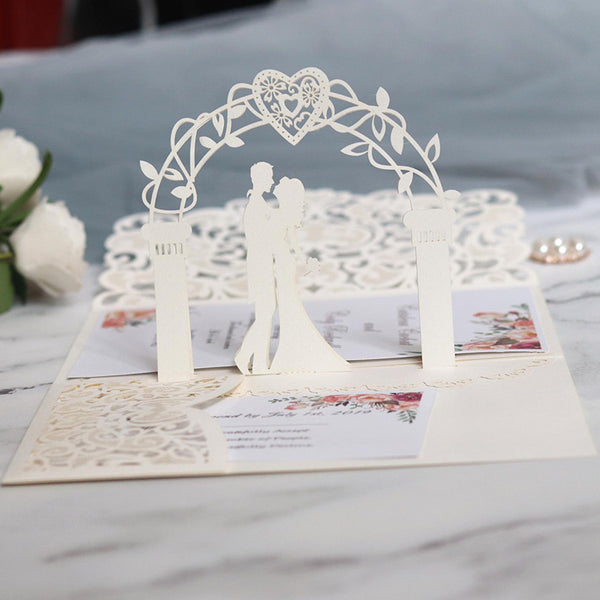Awesome Ivory Pop up Laser Cut Wedding Invitations with Wedding Arch and Pocket Lcz046 (2)