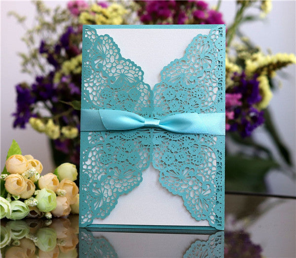 Beautiful tiffany blue laser cut wedding invitations with satin ribbons LC064_2