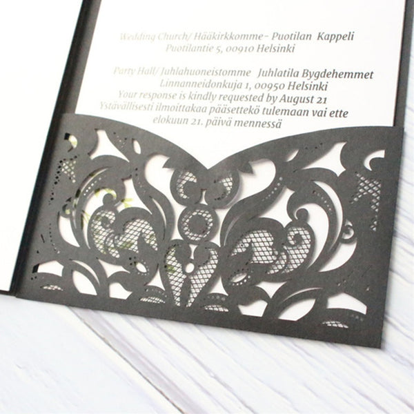 Black wedding invitations laser cut pocket tri folded invitations (2)