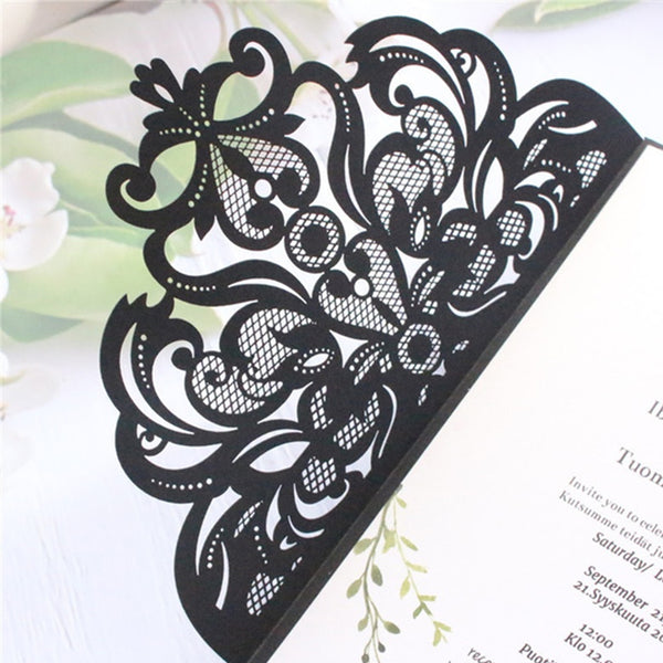 Black wedding invitations laser cut pocket tri folded invitations (3)