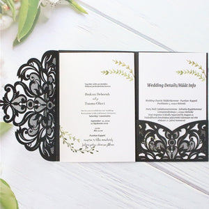 Black wedding invitations laser cut pocket tri folded invitations