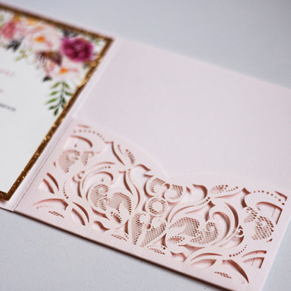 Blush Lasercut Pocketfold Invitation with Floral Design Lace and Glitter (1)