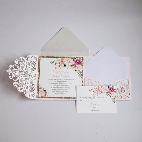 Blush Lasercut Pocketfold Invitation with Floral Design Lace and Glitter (2)