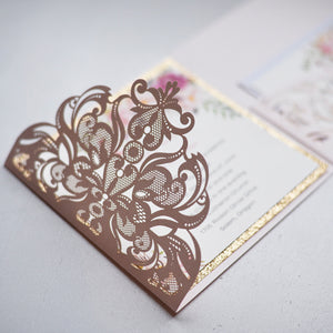 Blush Lasercut Pocketfold Invitation with Floral Design Lace and Glitter (4)