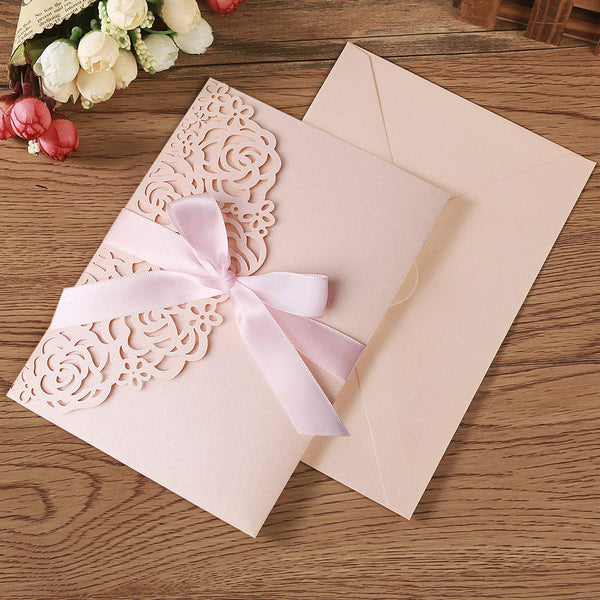 Blush Pink Laser Cut Wedding Invitation With Floral Design (1)