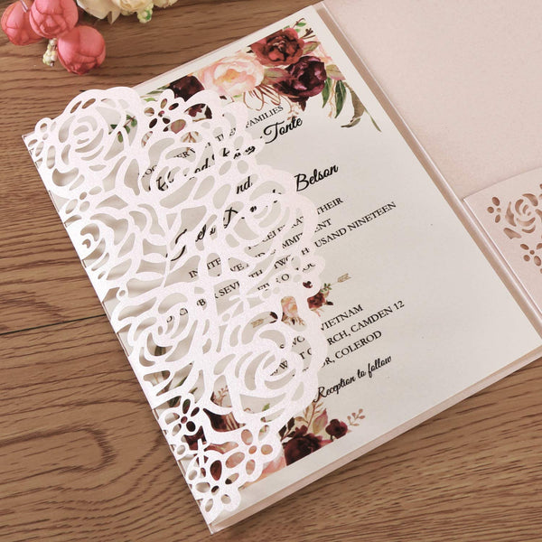 Blush Pink Laser Cut Wedding Invitation With Floral Design (2)