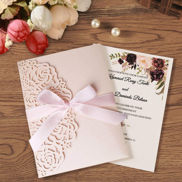 Blush Pink Laser Cut Wedding Invitation With Floral Design (5)