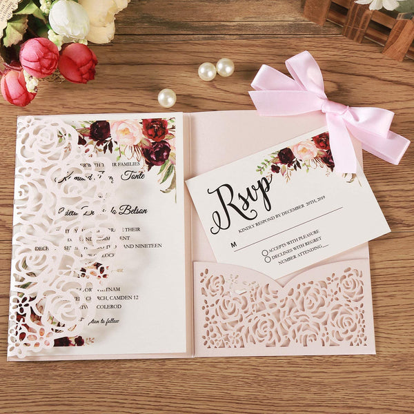 Blush Pink Laser Cut Wedding Invitation With Floral Design