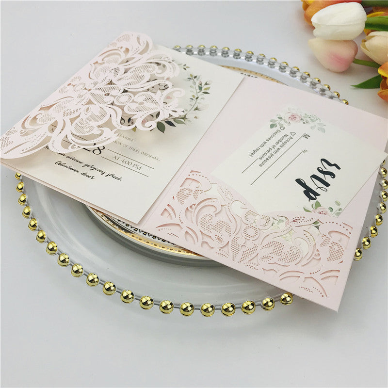 Blush Pink Pocket Laser Cut Wedding Invitations with Gold Glittery Belly Band Lcz076 (1)
